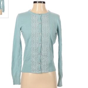 Van Heusen Seafoam Teal Lace Cardigan Women's XS Round Neck Snap Buttons Preppy